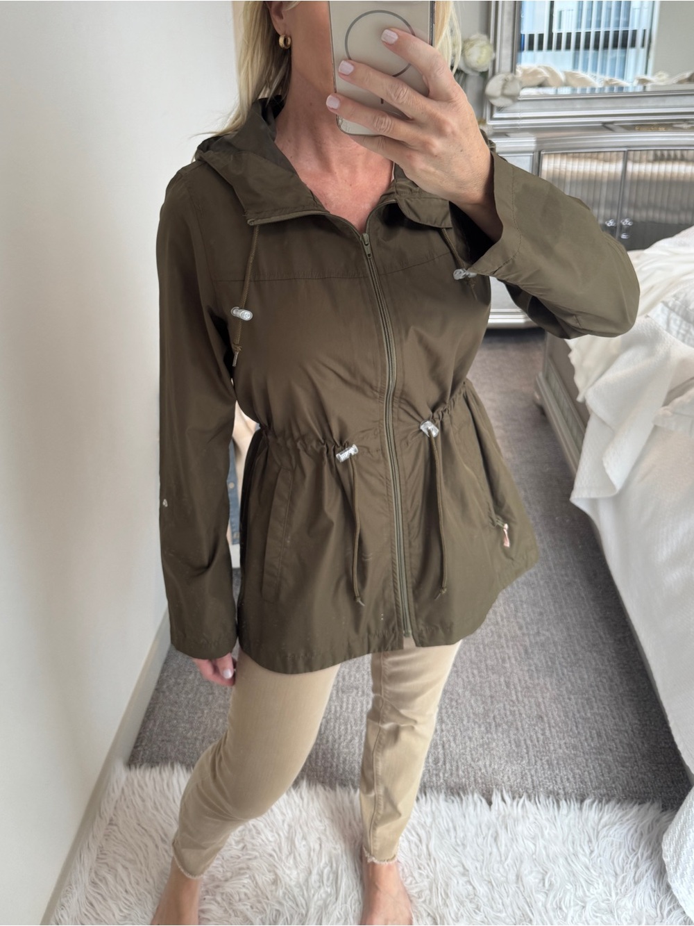 Celebrity Pink Olive Green Hooded Utility Rain Jacket Medium